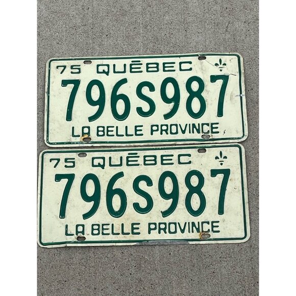 Pair of 1975 Quebec License Plates 796S987 LA BELLE PROVINCE Cream and Green - Picture 1 of 7